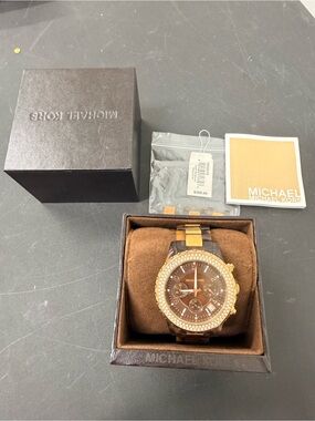 Michael Kors Gold and Brown Women's Crystal Bezel Chronograph Watch